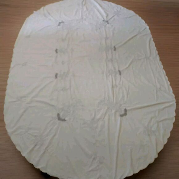 Large Tablecloth Embroidered Floral Cream Scalloped Trim Lightweight Oval Neutra - Picture 3 of 14